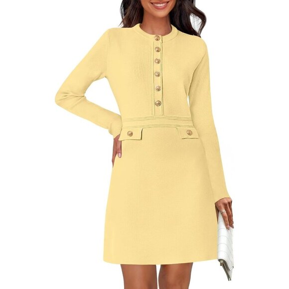 Fall 25 Long Sleeve Bodycon Light Yellow Sweater Dress Women Winter Formal Mini Fall 25 Long Sleeve Bodycon Light Yellow Sweater Dress Women Winter Formal Mini
